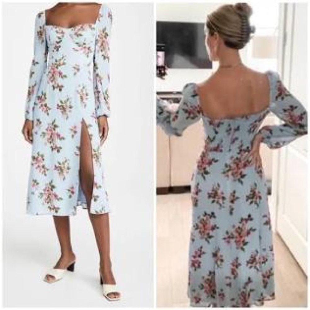 Reformation Floral Midi Dress in Light Blue and Pink